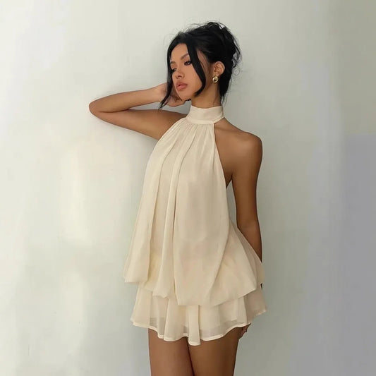 Robe mini dos nu en mousseline à col licou
